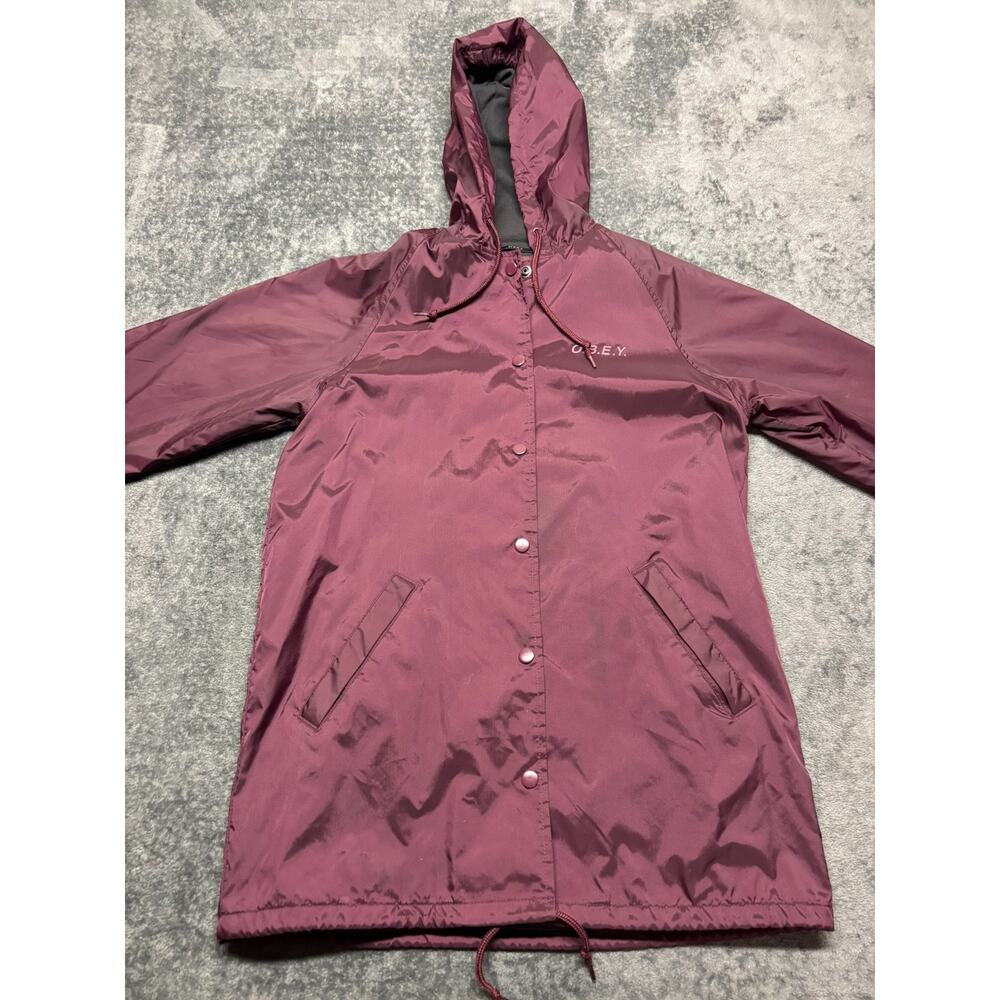 Obey Nylon Windbreaker Hoodie Pearl Snap Jacket Sz Small Tall maroon Water Proof